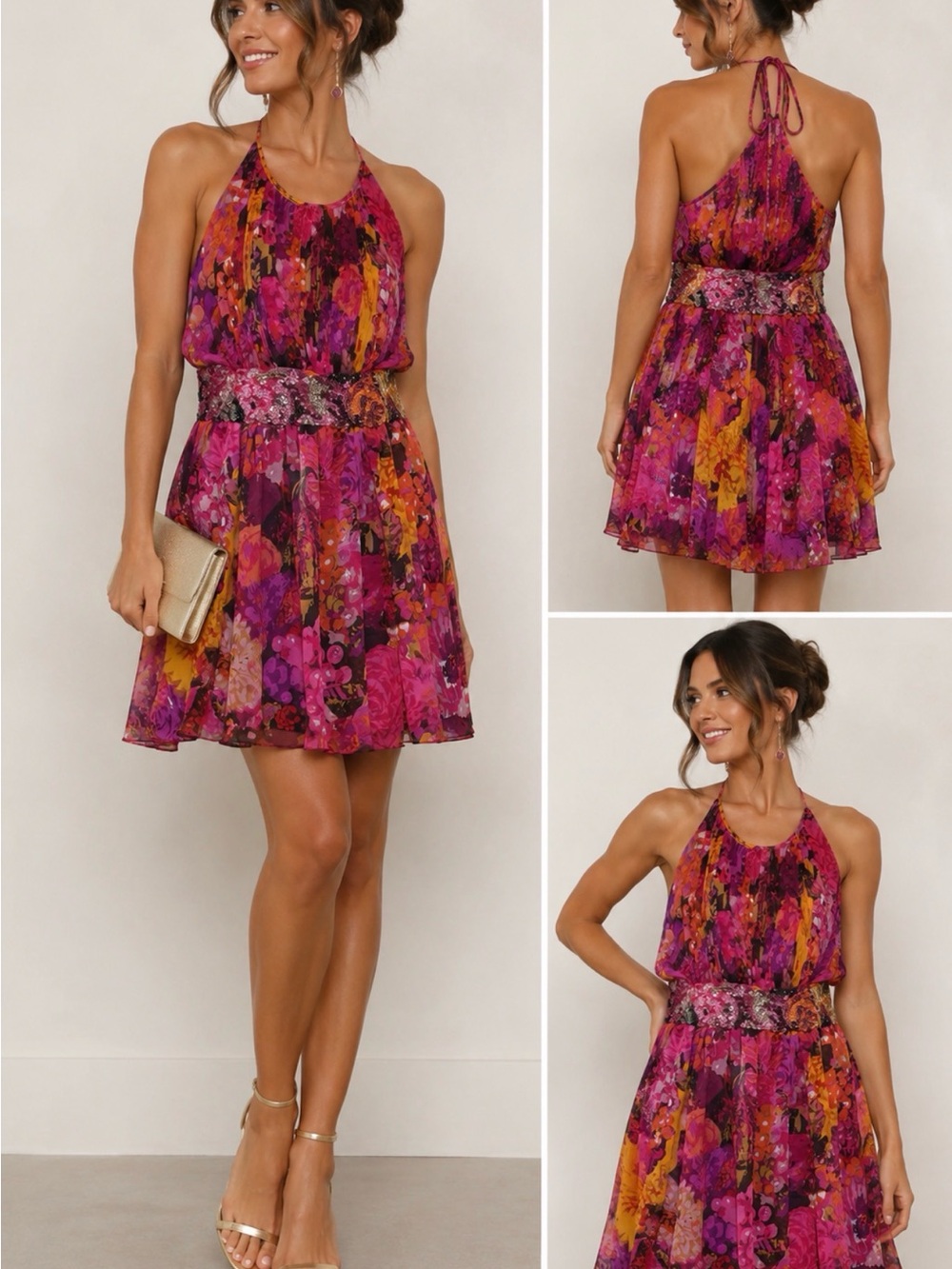 Aidan Mattox Niteline 100% Silk Beaded Halter Floral Cocktail Dress Size 8